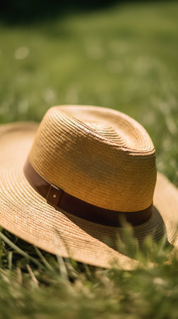 summer straw hat on green grass, shallow depth of field.の素材