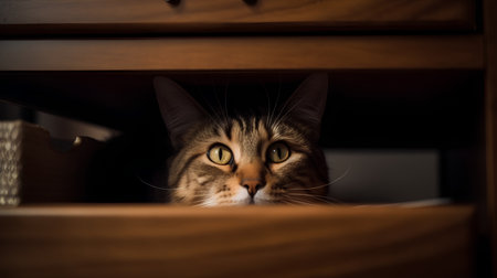 Cute tabby cat looking out of a wooden bookcase.の素材