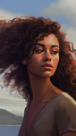 Portrait of a beautiful young woman with curly hair in the sea.の素材