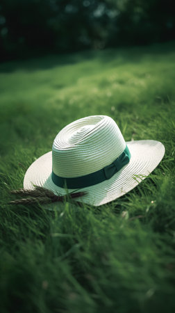 Summer hat on green grass in park. Vintage style toned pictureの素材