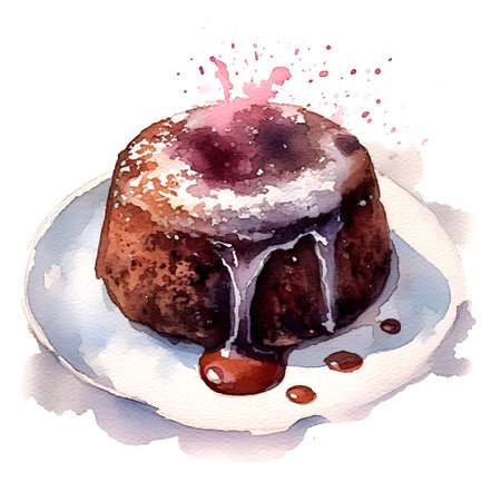 Hand drawn watercolor illustration of a chocolate bundt cake with icing and chocolate syrupの素材