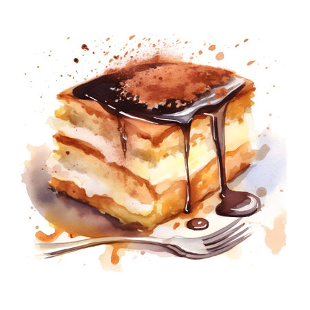 Watercolor illustration of a stack of pancakes with chocolate syrup and a forkの素材