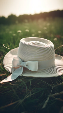 Beautiful straw hat on green grass at sunset. Vintage filter.の素材