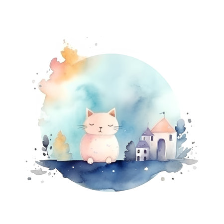 Cute cat and old castle on watercolor background. Vector illustration.の素材