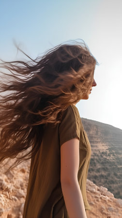 portrait of a beautiful young woman with flying hair in the desertの素材