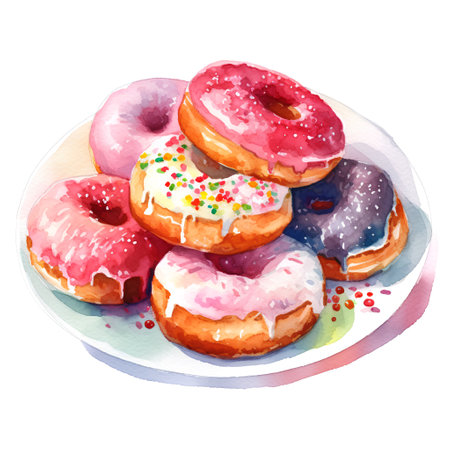 Donuts on a plate. Watercolor illustration isolated on white backgroundの素材