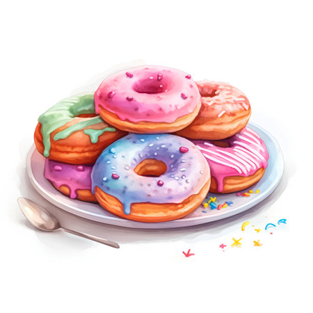 Colorful donuts on plate. Watercolor illustration. Vector.の素材