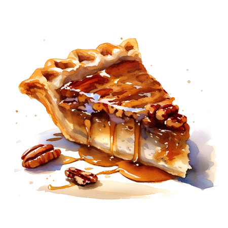 Piece of pie with caramel and pecan nuts. Watercolor hand drawn illustrationの素材