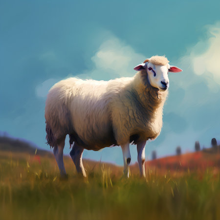 Sheep on the meadow with blue sky background. Digital illustration.の素材