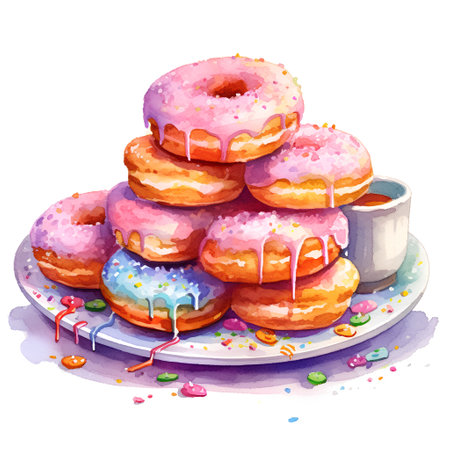 Watercolor donuts on a white background. Hand-drawn illustrationの素材