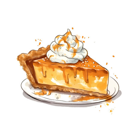 Piece of apple pie with whipped cream on a plate. Vector illustrationの素材