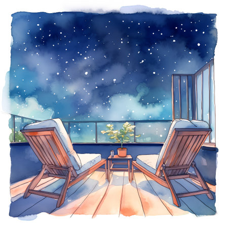 Hand drawn watercolor illustration of a terrace with two wooden deck chairs on the balcony at night.の素材