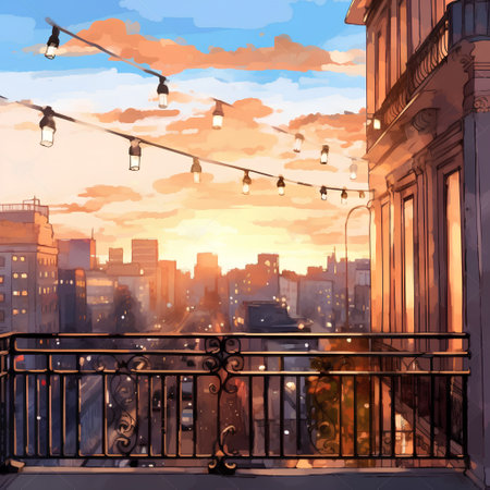 Illustration of a balcony with lanterns at sunset in the cityの素材
