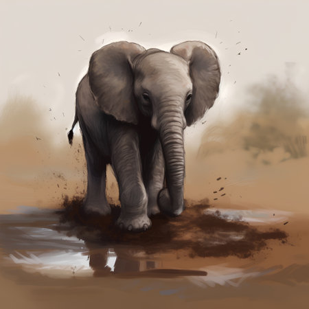 Elephant in the mud puddle - digital painting of an elephantの素材