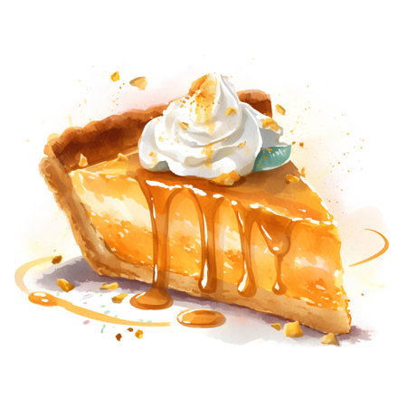 Watercolor illustration of a slice of apple pie with whipped cream and caramel.の素材