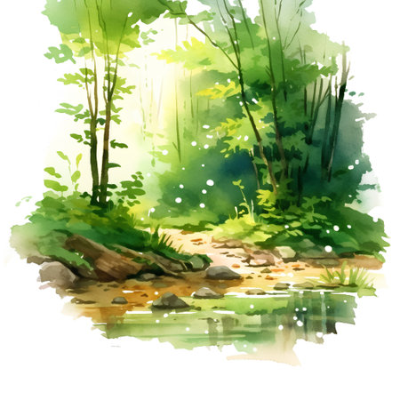Watercolor landscape with river and forest. Hand drawn vector illustration.の素材