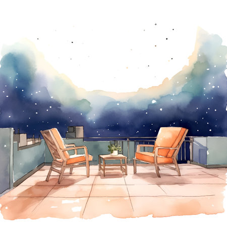 Watercolor terrace with armchairs and table in the night. Hand drawn illustrationの素材