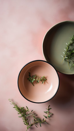 Bowls and saucers with thyme on pink backgroundの素材