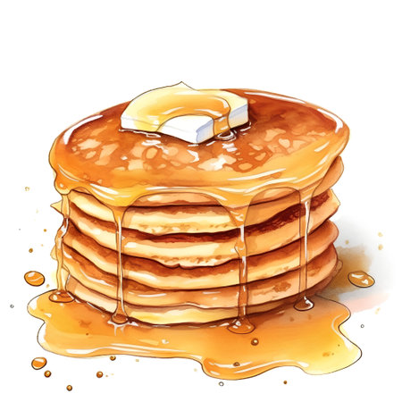 Illustration of a stack of pancakes with honey on a white backgroundの素材