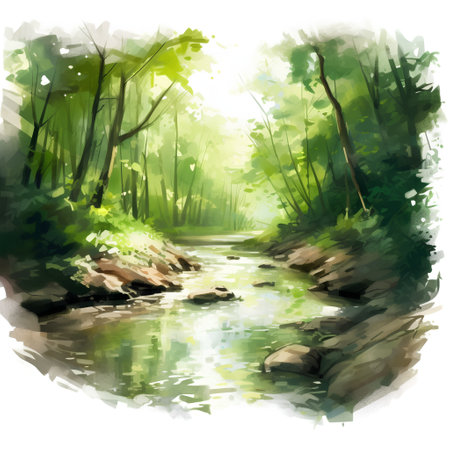 Beautiful landscape with river and forest. Watercolor painting. Vector illustration.の素材