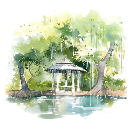 Watercolor illustration of a gazebo in the park.の素材