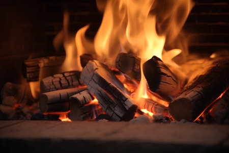 Burning firewood in a fireplace, close-up, verticalの素材