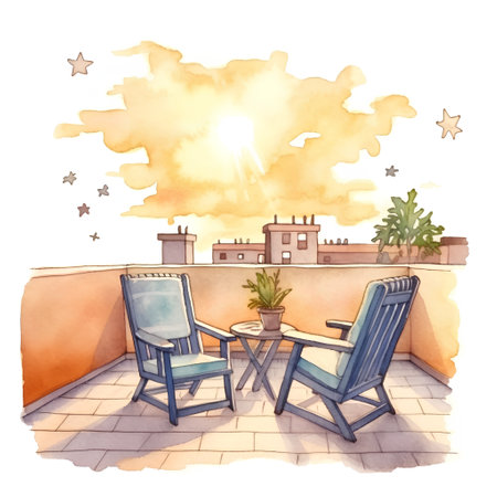 Illustration of a terrace with two chairs and a beautiful sunsetの素材