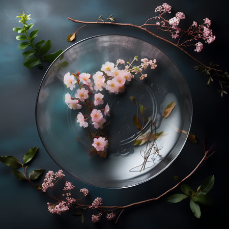Cherry blossoms in a glass plate on a dark blue backgroundの素材