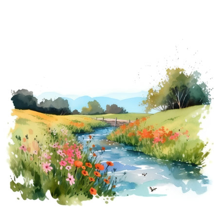 Hand drawn watercolor landscape with river, meadow and flowers.の素材