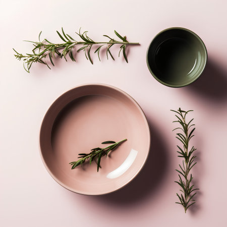 Rosemary and ceramic bowl on pink background. Flat lay, top view.の素材