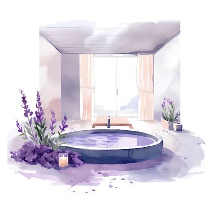 Watercolor Bathroom with bathtub and lavender flowers. Hand drawn illustrationの素材