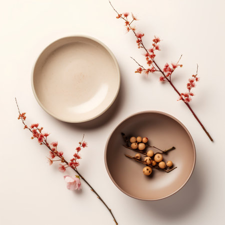 Ceramic plates and bowls with cherry blossoms on white backgroundの素材