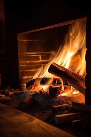 Burning firewood in the fireplace at night. Selective focusの素材