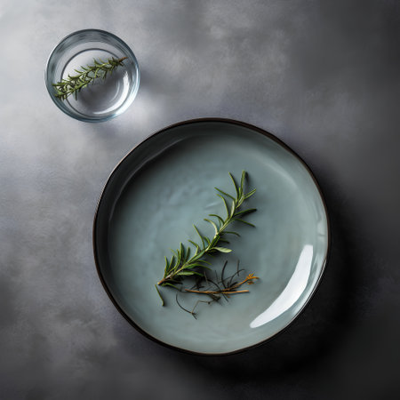 Empty plate with rosemary and glass of water on dark background, top viewの素材