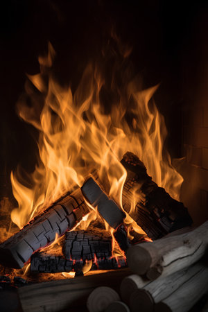 Burning firewood in a fireplace on a black background with copy spaceの素材