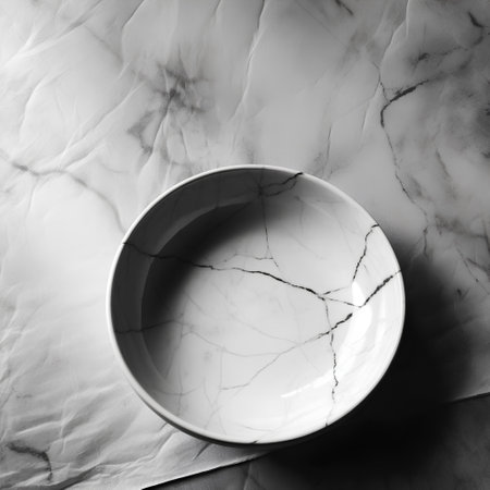 Empty ceramic bowl on a marble background. Black and white photo.の素材