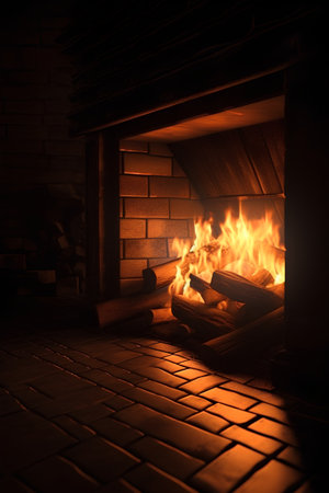 Fireplace in the dark with a burning firewood in the foregroundの素材