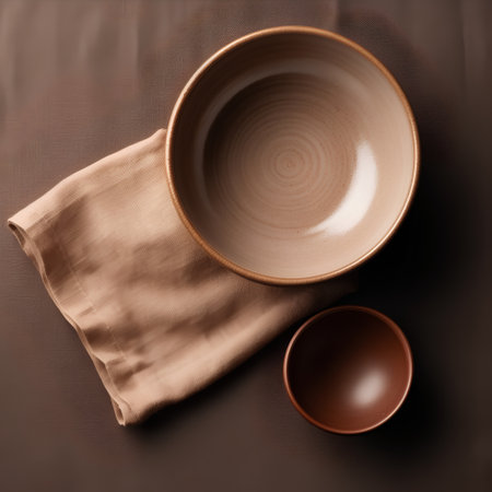 Ceramic plates and napkin on brown background, top viewの素材