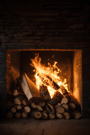 Fireplace with firewood in the fireplace. Fireplace background.の素材