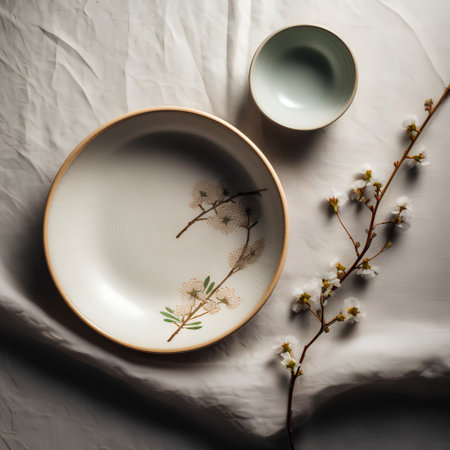 Ceramic tableware with spring flowers on bed. Flat lay.の素材