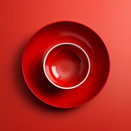 Empty red bowl on red background. Top view. 3d renderingの素材