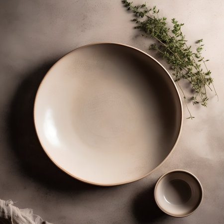 Empty plate and sprig of thyme on stone background, top viewの素材