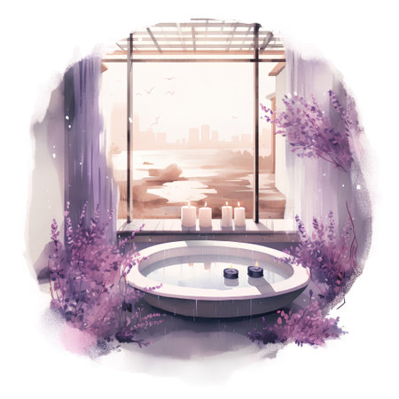 Illustration of a bathtub with candles and lavender flowers on the backgroundの素材