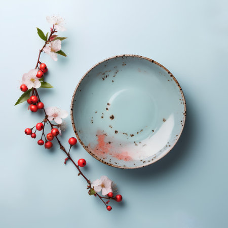 Empty blue plate with cherry blossom branch on blue background. Flat lay, top viewの素材