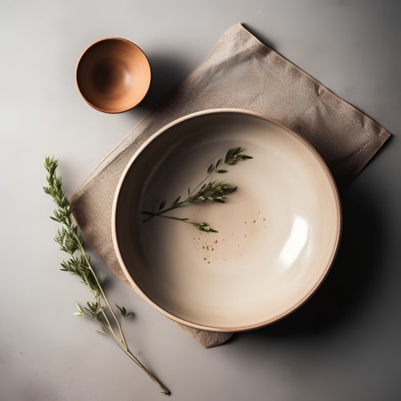 Empty ceramic bowl with herbs on grey background. Flat lay, top viewの素材