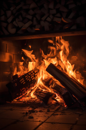 fireplace with burning firewood and coals on a black backgroundの素材