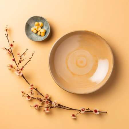 Top view of ceramic plate and japanese tableware on yellow backgroundの素材