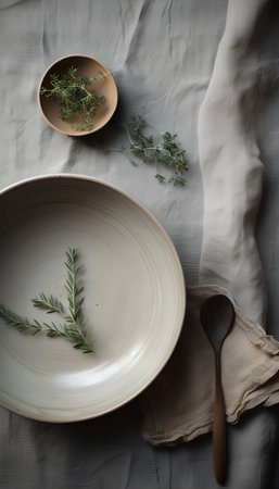 Rustic table setting with rosemary, thyme and ceramic platesの素材