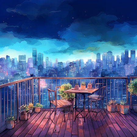 Night city panoramic view from the balcony. Vector illustration.の素材