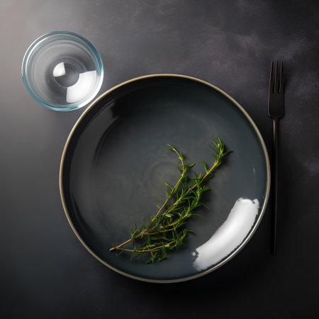 Plate with fresh rosemary and glass of water on dark backgroundの素材